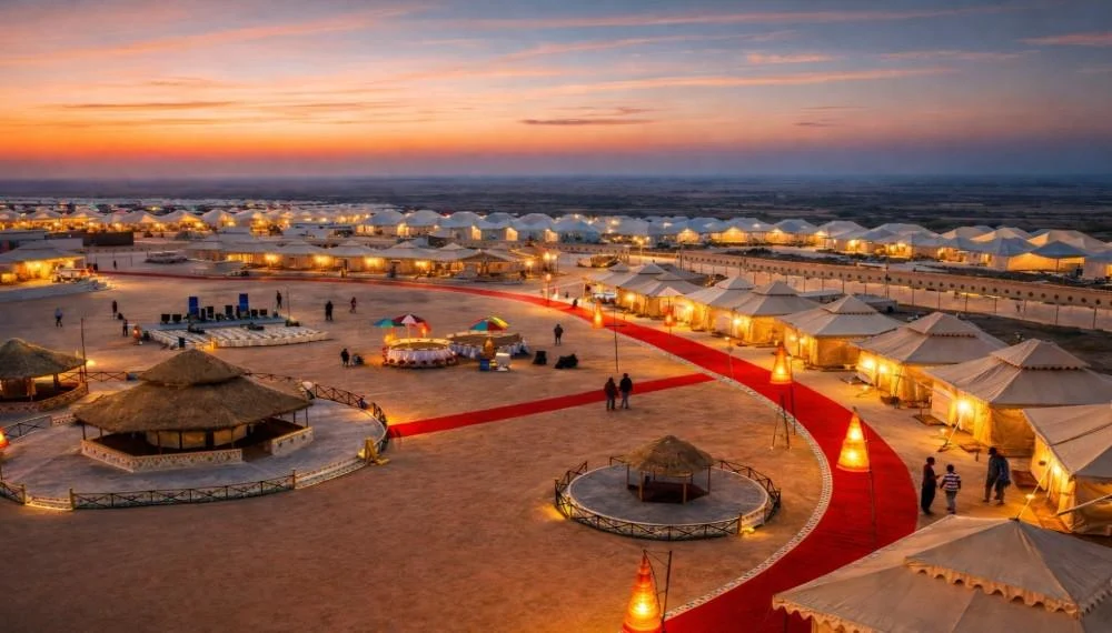  Best honeymoon places Tent city at Rann of Kutch during sunset with red carpet pathway and glowing lights