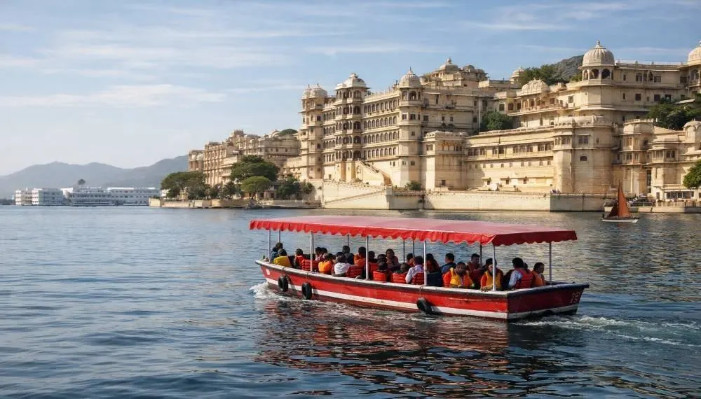 Tourists taking a boat ride at Lake Pichola in front of City Palace Udaipur – city palace udaipur timings guide