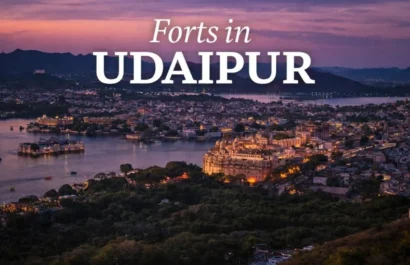 Udaipur sunset cityscape showing City Palace and famous forts in Udaipur.