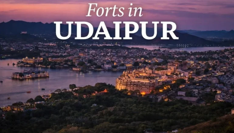 Udaipur sunset cityscape showing City Palace and famous forts in Udaipur.