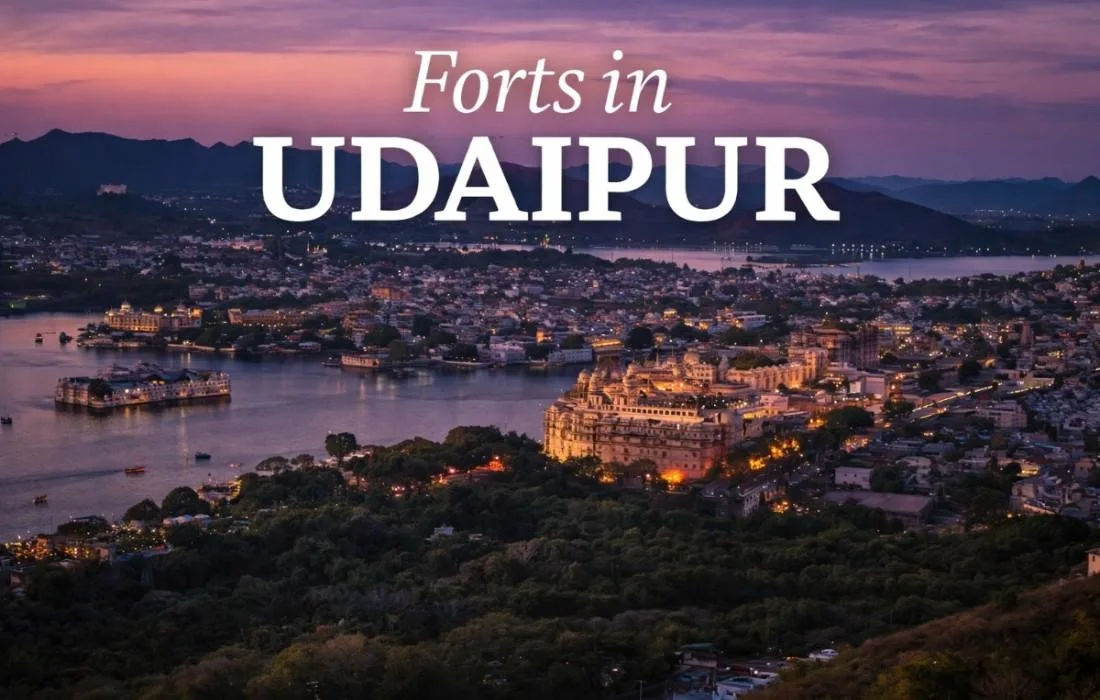 Udaipur sunset cityscape showing City Palace and famous forts in Udaipur.