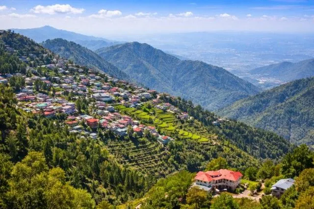 Panoramic view of Mussoorie hill station in Uttarakhand surrounded by lush green hills and valleys