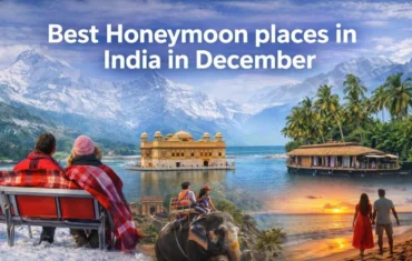 Best Honeymoon places in India in December featuring snowy mountains, Rajasthan palace, Kerala houseboat and Goa beach sunset