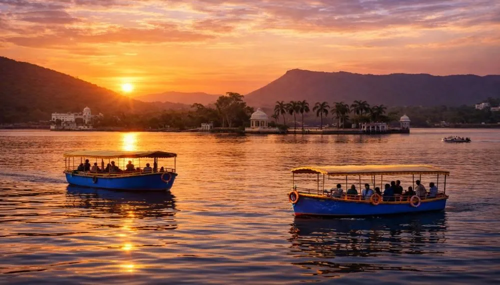 Boat ride at Fateh Sagar Lake Udaipur during sunset