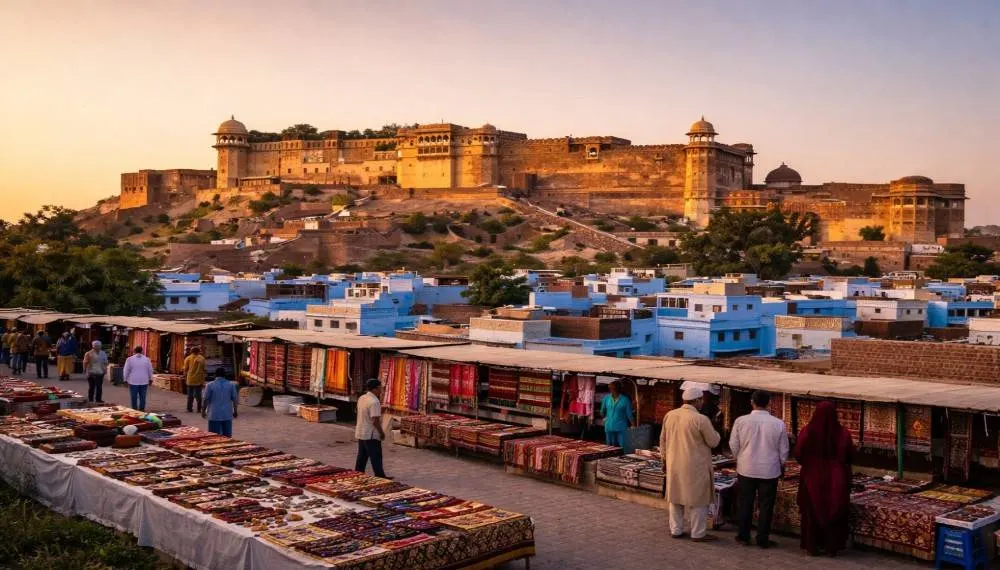 View of Mehrangarh Fort above the blue city of Jodhpur with a local market selling handicrafts in the foreground.