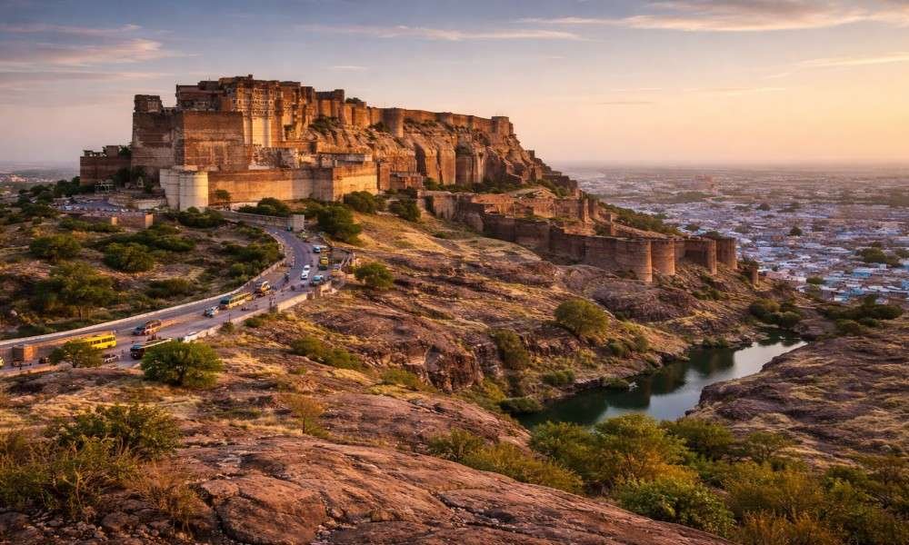 Beautiful architecture of Mehrangarh Fort in Rajasthan at sunset