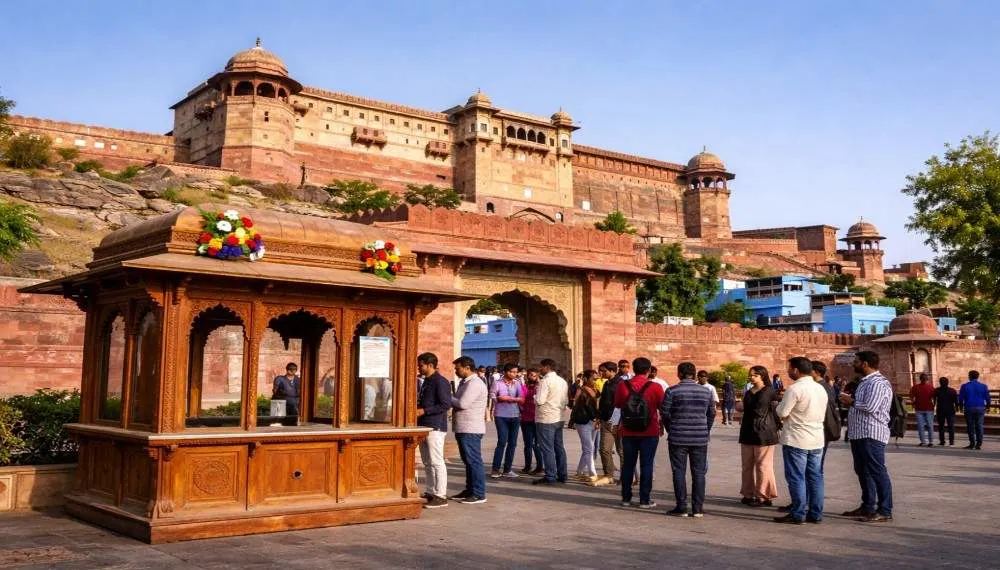Mehrangarh Fort ticket counter with tourists waiting in line for entry