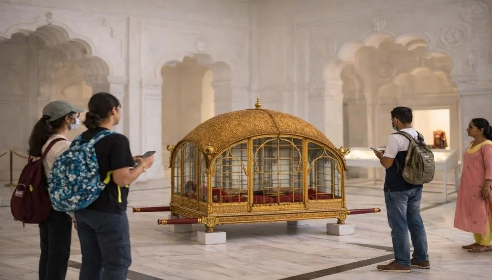 Tourists looking at an ornate golden royal palanquin displayed inside Mehrangarh Fort in Jodhpur