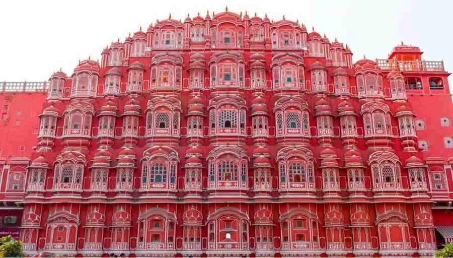 Front view of Hawa Mahal Jaipur iconic pink palace Rajasthan