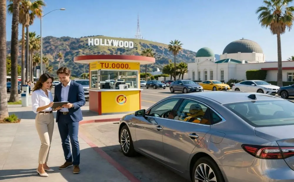 Budget travel tips Los Angeles car rental near Hollywood sign with tourists