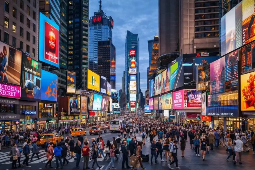 Times Square New York with crowds, bright billboards, and busy street at evening