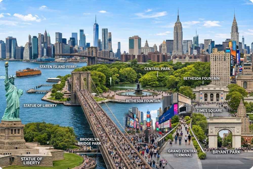 New York City free attractions including Central Park, Statue of Liberty, Brooklyn Bridge, and Times Square”