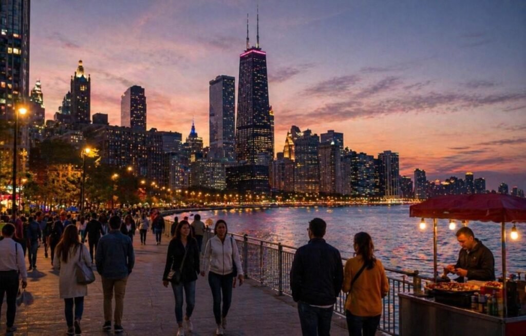 Best Places to Visit in USA – Chicago skyline at sunset with lakefront view and city lights