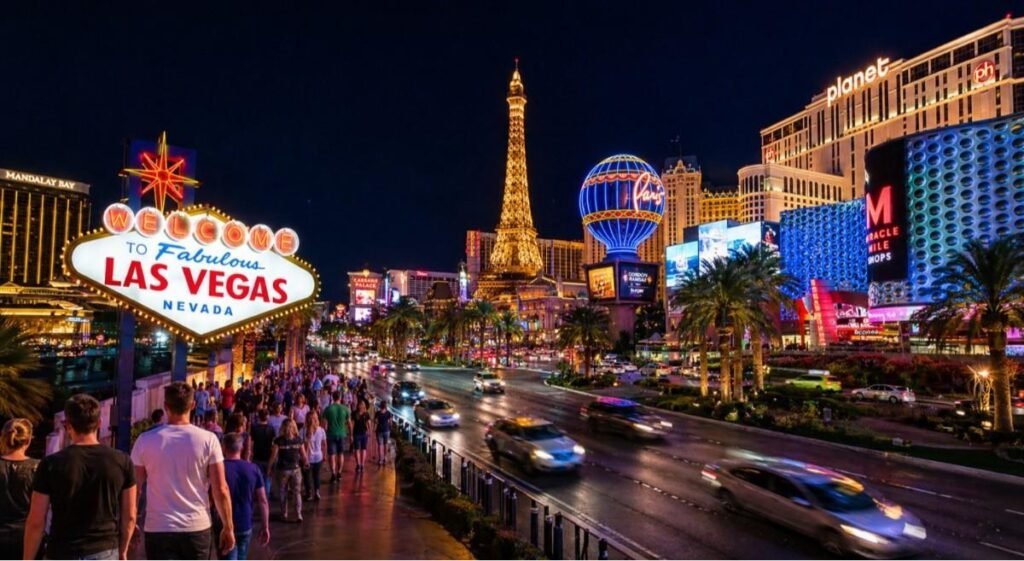 Best Places to Visit in USA – Las Vegas Strip at night with bright lights, hotels, and busy street view