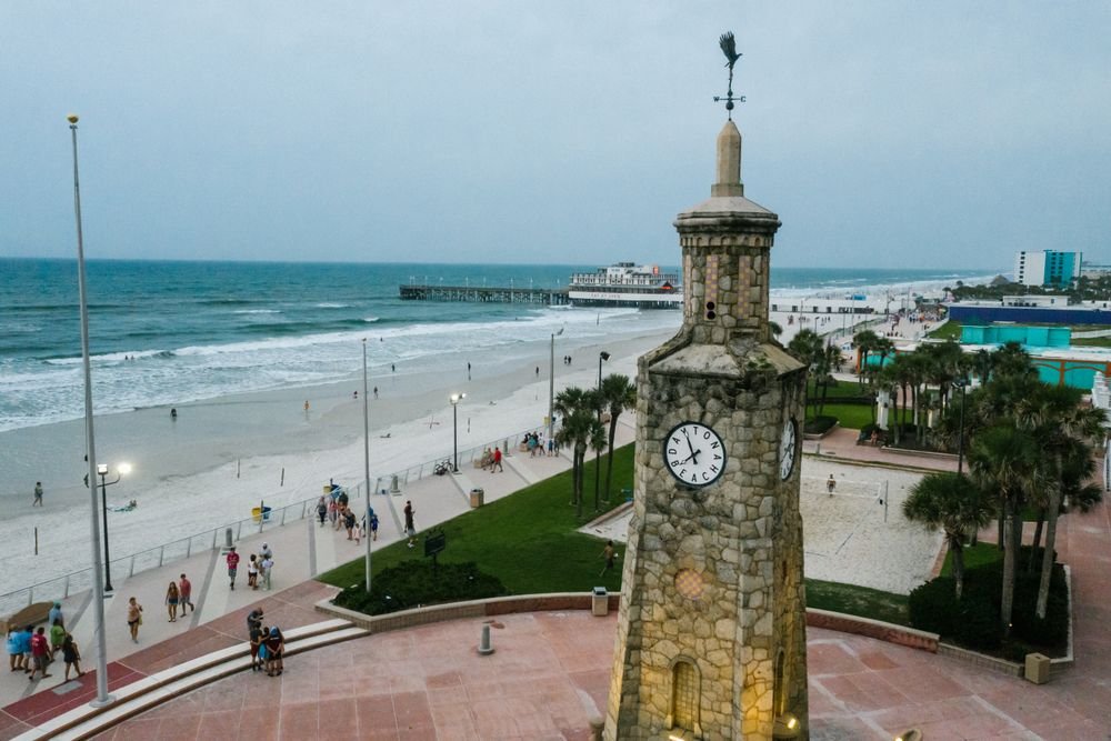Aerial view of Daytona Beach clock tower, one of the best beaches to visit in july.